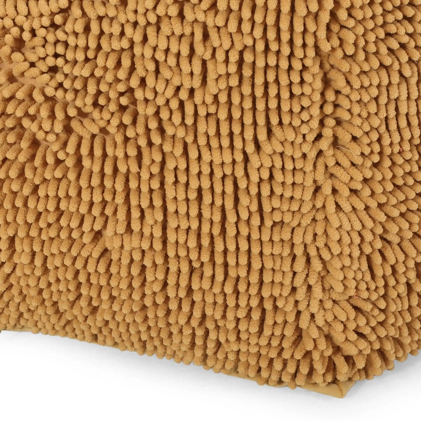 Spongy square pouf in warm tan plush pom-pom fabric for accent seating on Tampa Home & Garden Store