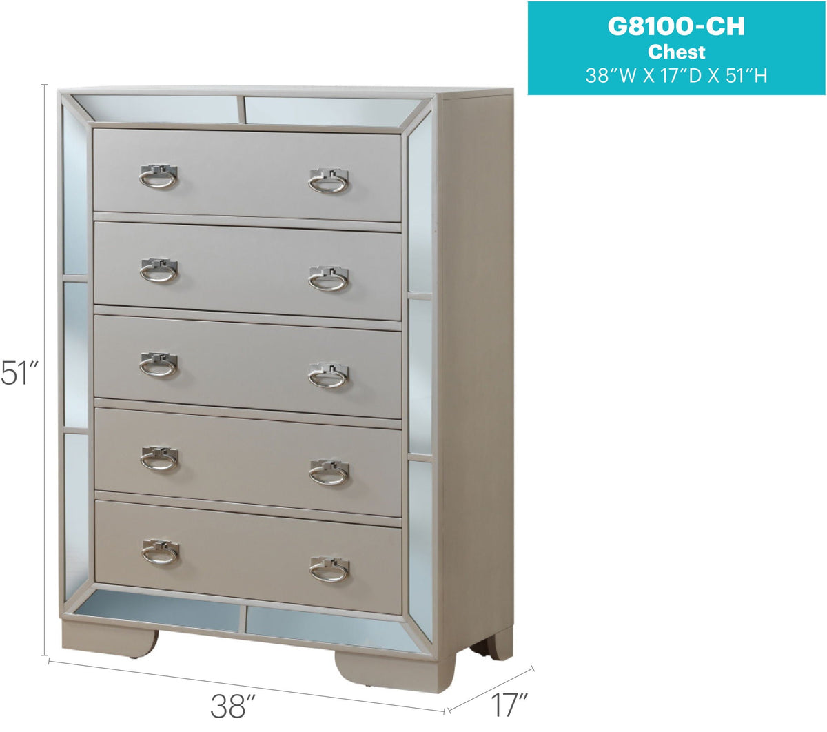 Sleek beige pearl-silver accent storage chest with mirrored frame and ring pulls HouseOfZazla on Tampa Home & Garden Store