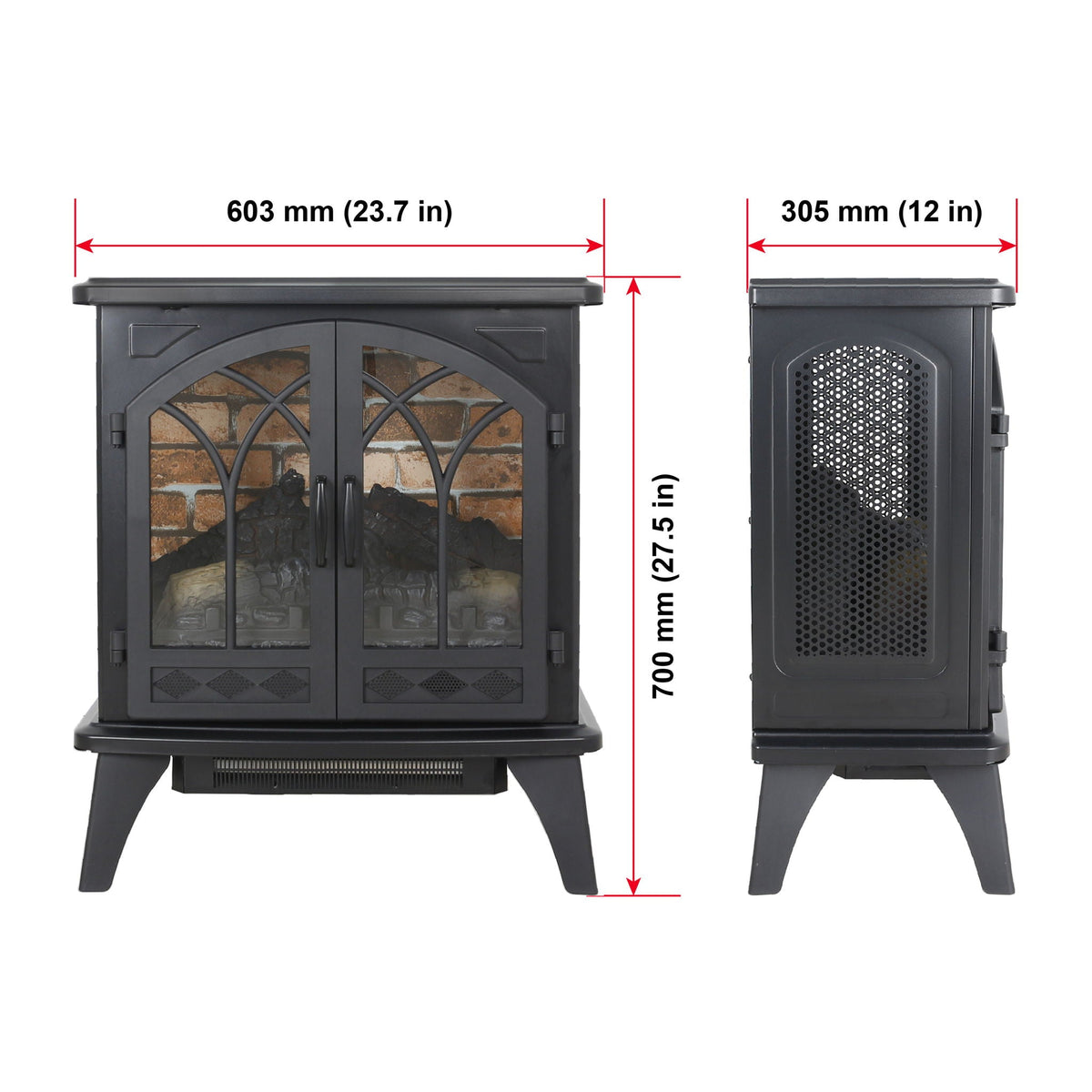 3D Flame Electric Infrared Quartz Fireplace Stove Antique Black with remote; two units shown on Tampa Home & Garden Store