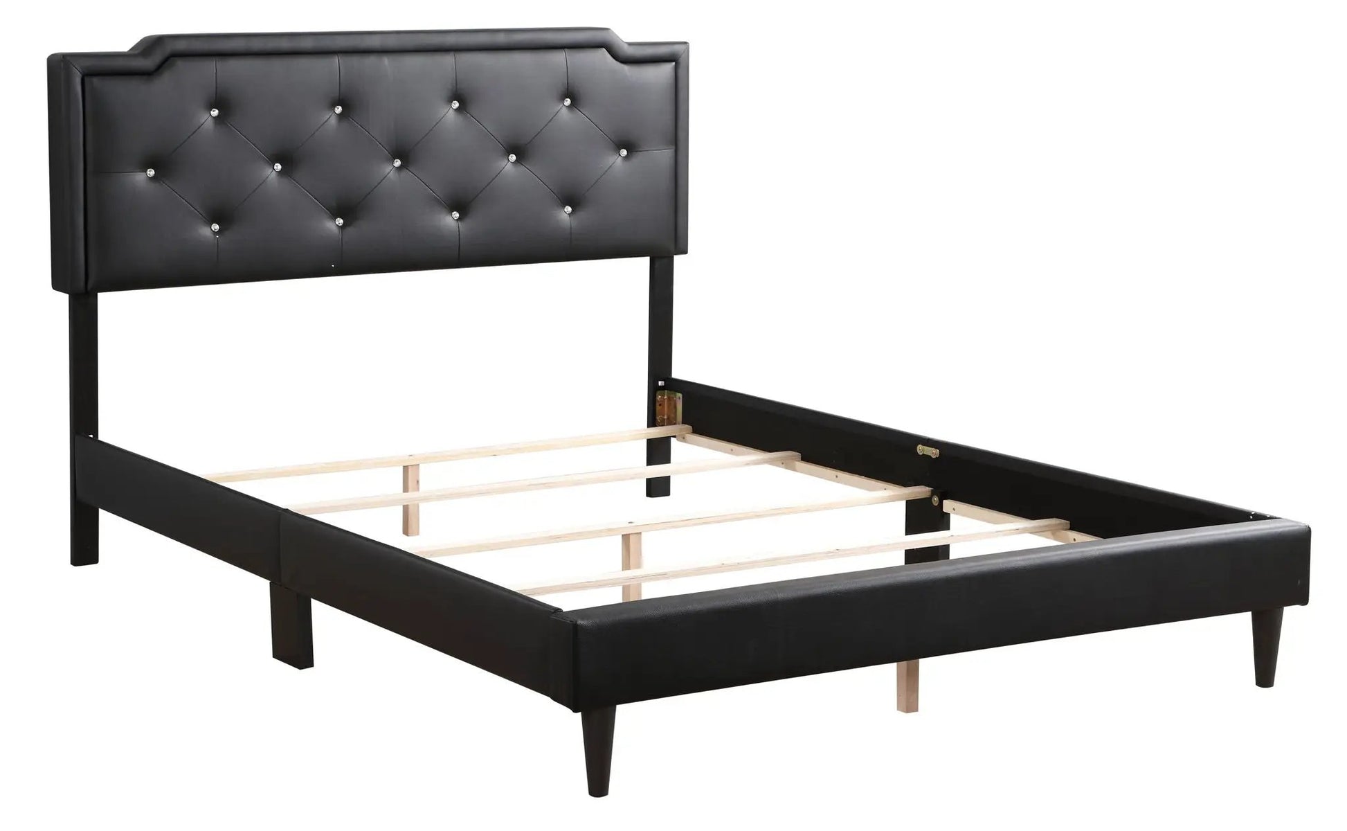 Button Tufted Bed upholstered in black faux leather with diamond tufting and solid legs on Tampa Home & Garden Store