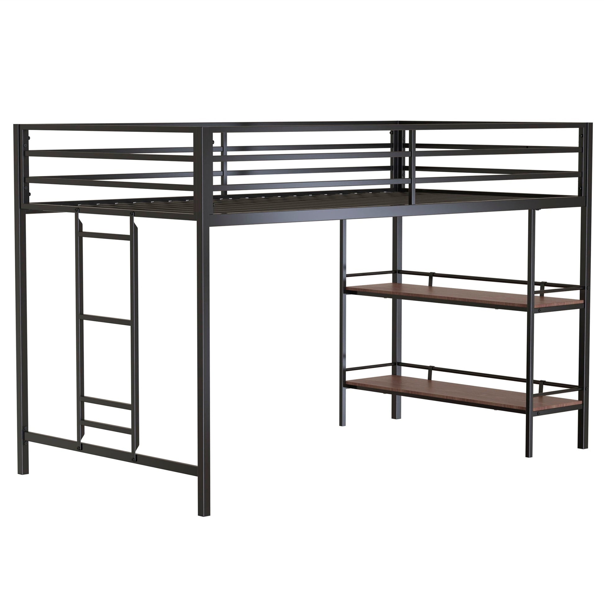 Adam Twin Loft Bunk Bed in black metal with cinnamon wood shelf and built-in ladder on Tampa Home & Garden Store