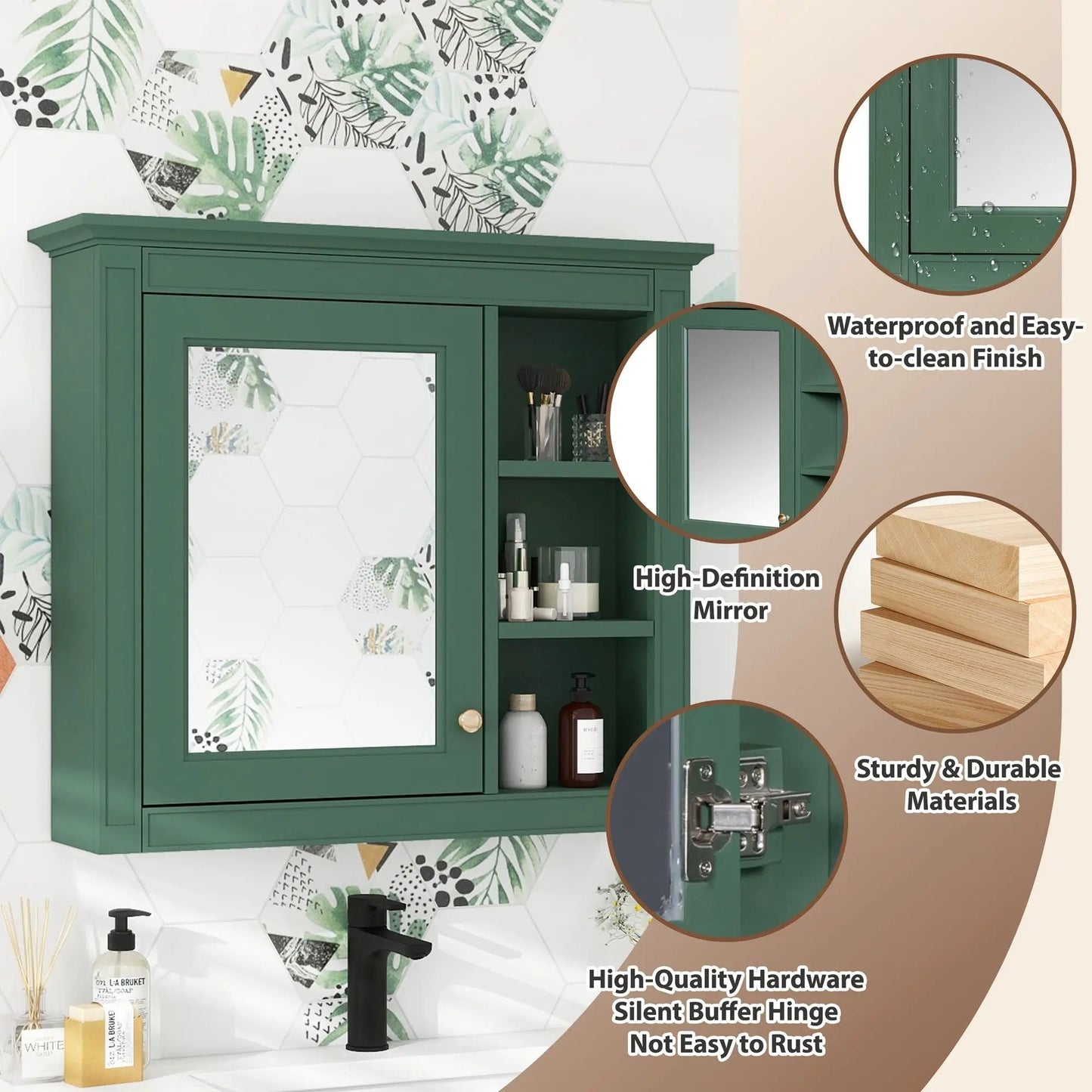 Wall Mounted Cabinet With Mirror and Open Shelves