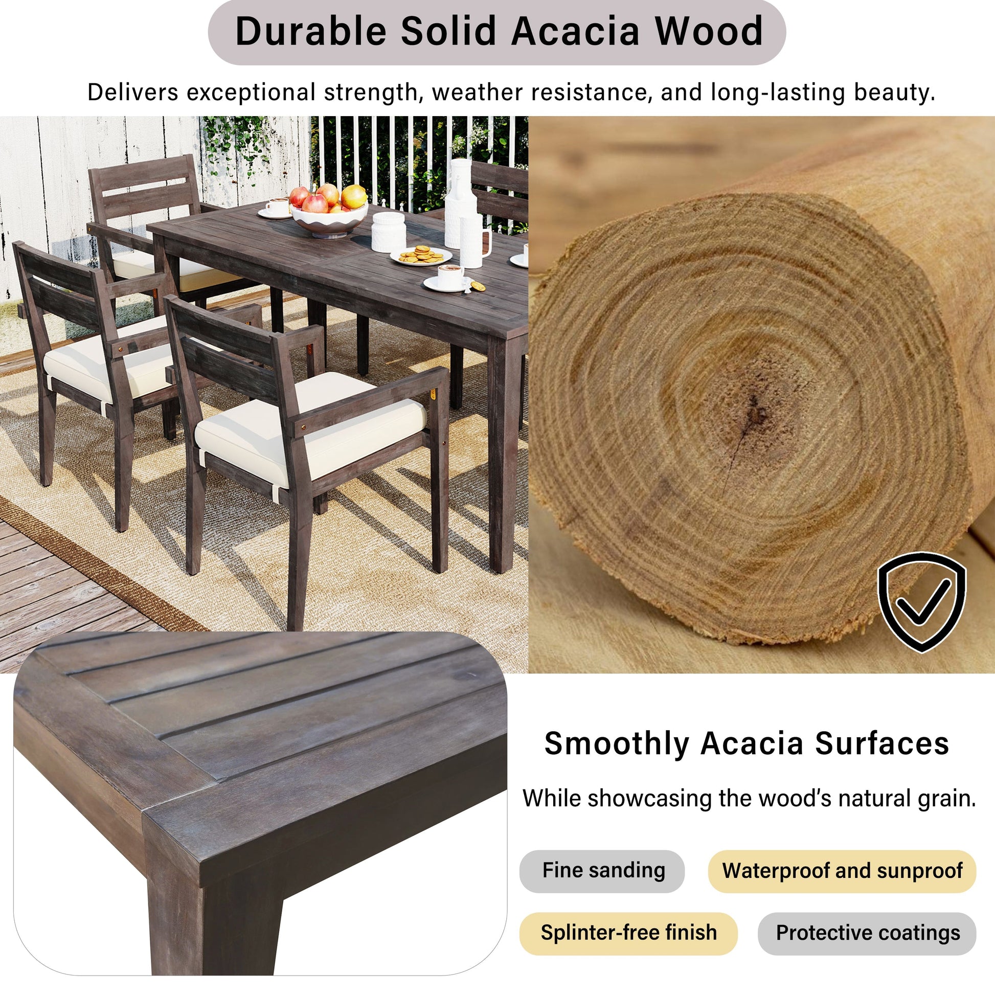 7-piece acacia wood outdoor dining set with cushions, brown table and white cushions on Tampa Home & Garden Store
