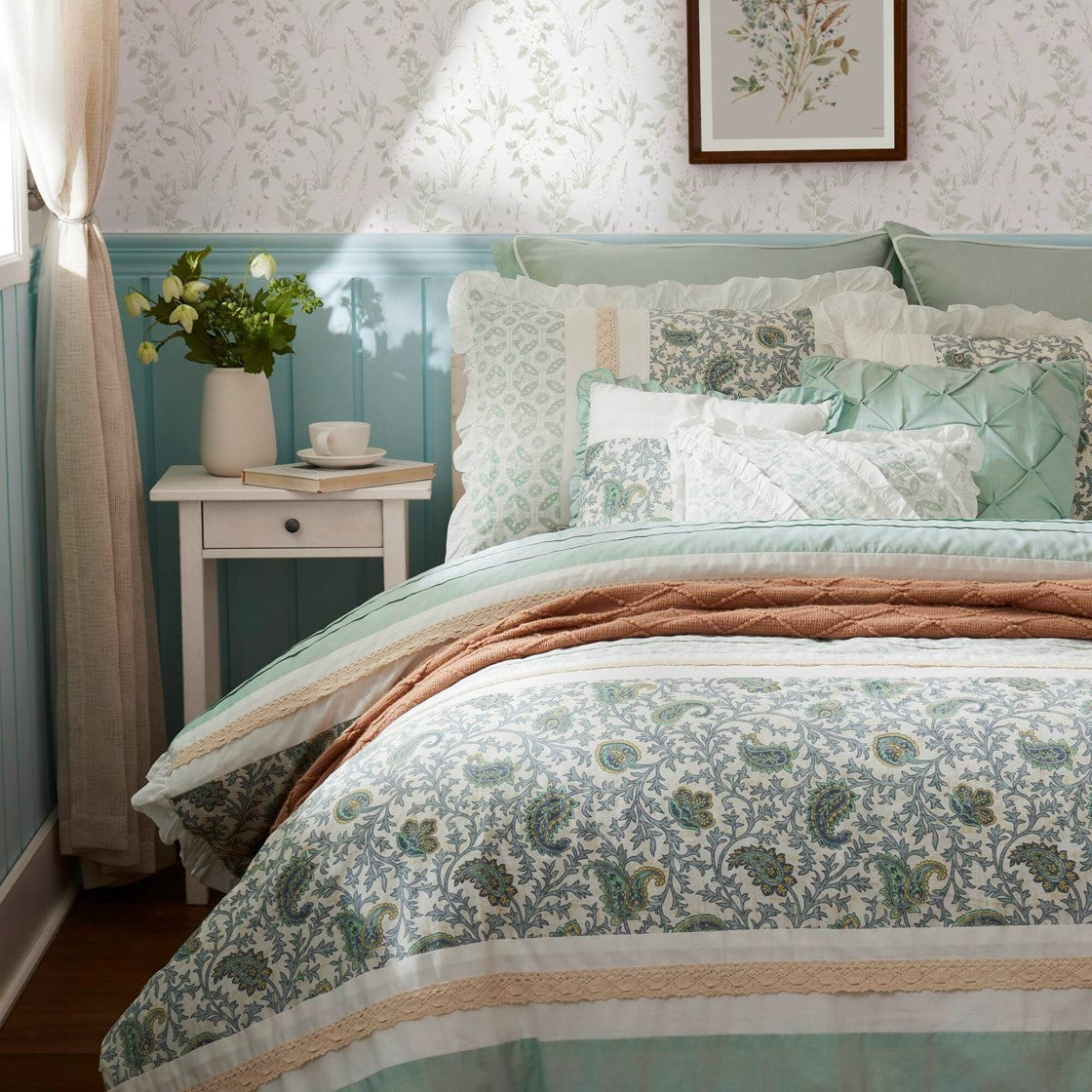 9 Piece Cotton Percale Comforter Set Aqua by HouseOfZazla with teal blue paisley print on Tampa Home & Garden Store