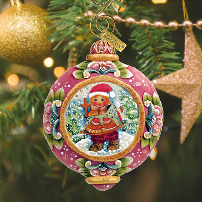 G. DeBrekht hand-painted sculpted ornament pink with gold trim and visible tag on crown on Tampa Home & Garden Store