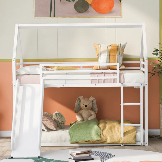 White twin-over-twin house bunk bed with built-in ladder and slide on Tampa Home & Garden Store