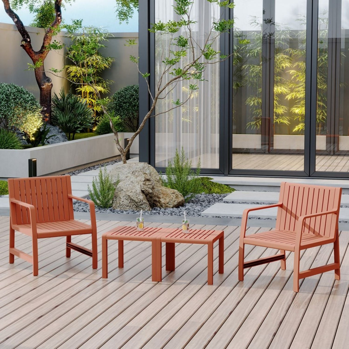 Waterproof orange outdoor patio set by HouseOfZazla with two chairs and table on Tampa Home & Garden Store