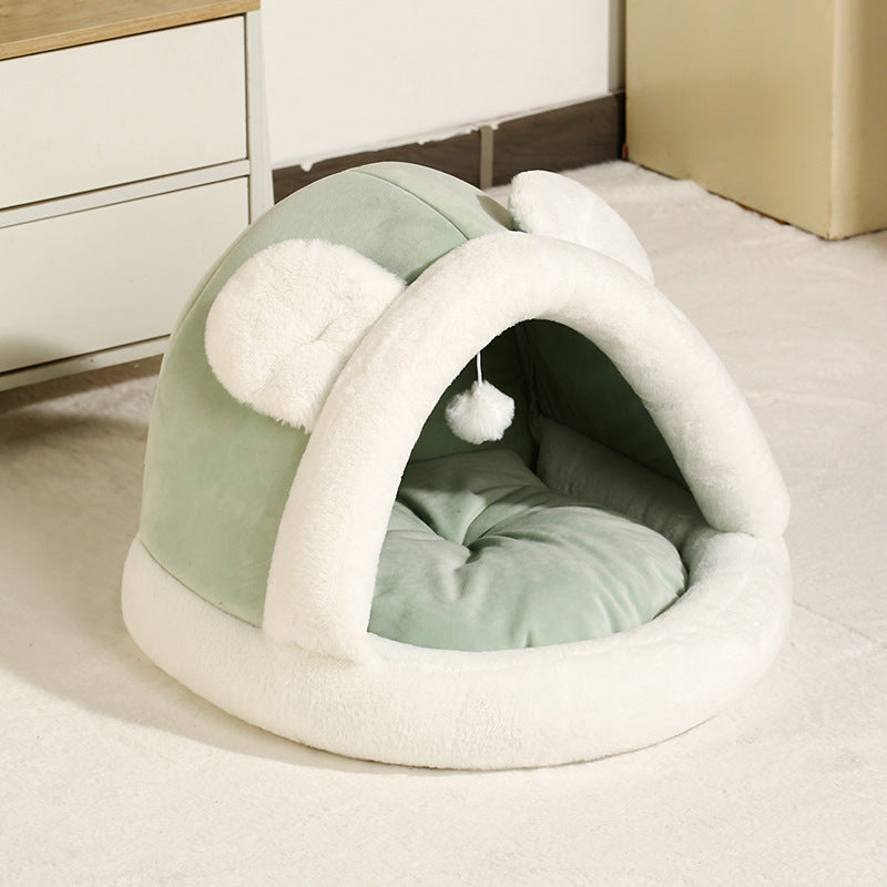 Pet tent cave bed in mint green with white plush trim and inner cushion on Tampa Home & Garden Store
