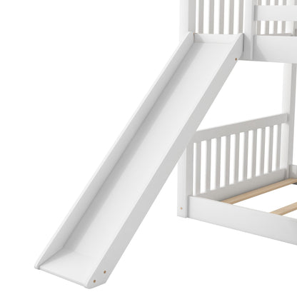 Bunk bed with built-in slide and wooden-step ladder, white finish and compact modern design on Tampa Home & Garden Store