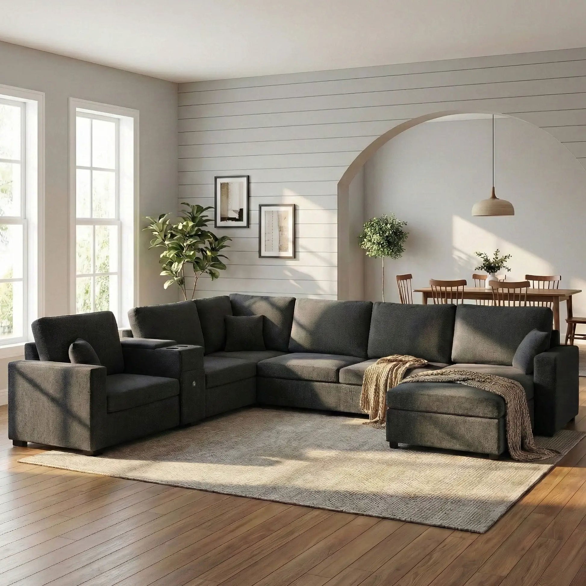 Modular U-shaped sectional sofa with chaise, dark fabric, cup holders and storage drawer on Tampa Home & Garden Store