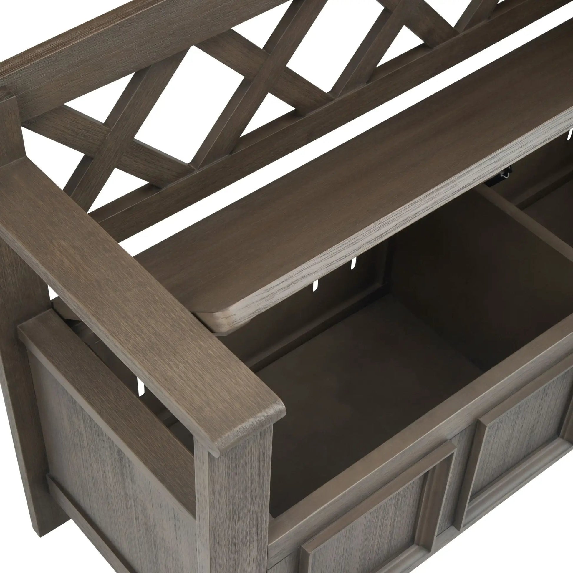 Amherst Handcrafted Entryway Storage Bench in dark brown wood with lattice back details on Tampa Home & Garden Store