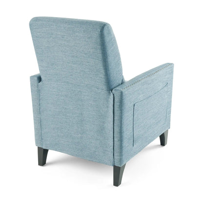 Repose Upholstered Recliner Chair in light blue fabric with nailhead trim and dark tapered legs on Tampa Home & Garden Store