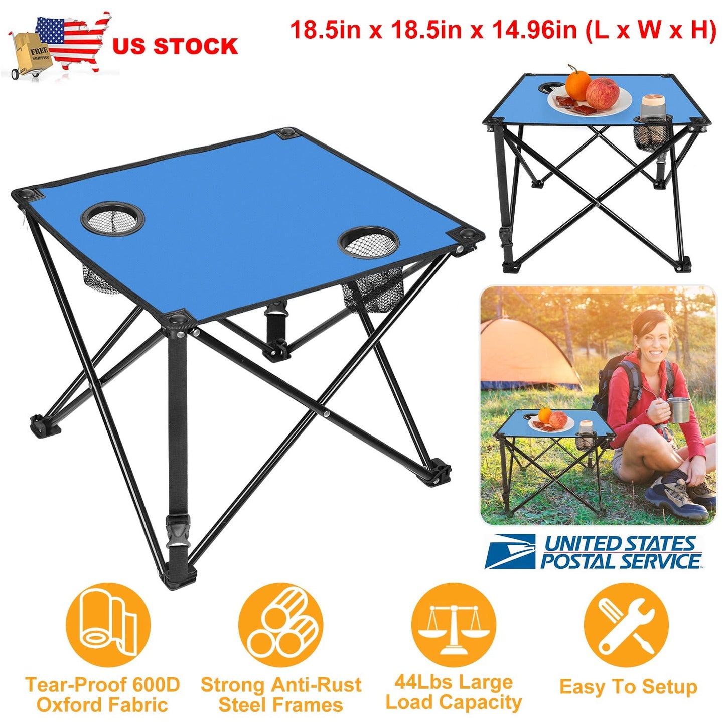 GemGear foldable camping table blue top with two cup holders and carrying bag, steel frame on Tampa Home & Garden Store