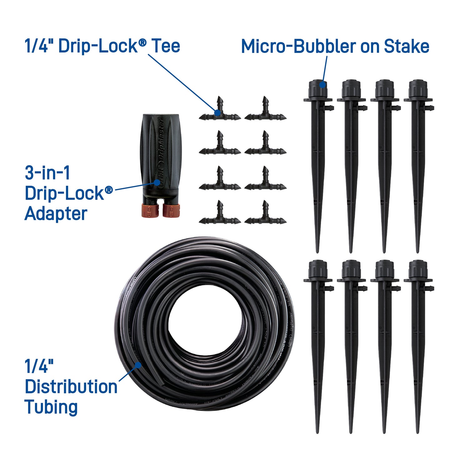Patio & Potted Plant Kit 67523 drip irrigation set by Orbit Irrigation; 1/4 Drip-Lock Tee and micro-bubbler on stake on Tampa Home & Garden Store