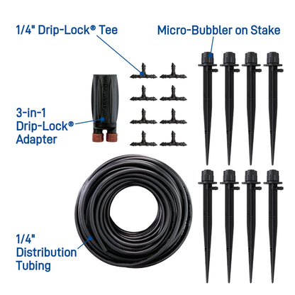 Patio & Potted Plant Kit 67523 drip irrigation set by Orbit Irrigation; 1/4 Drip-Lock Tee and micro-bubbler on stake on Tampa Home & Garden Store