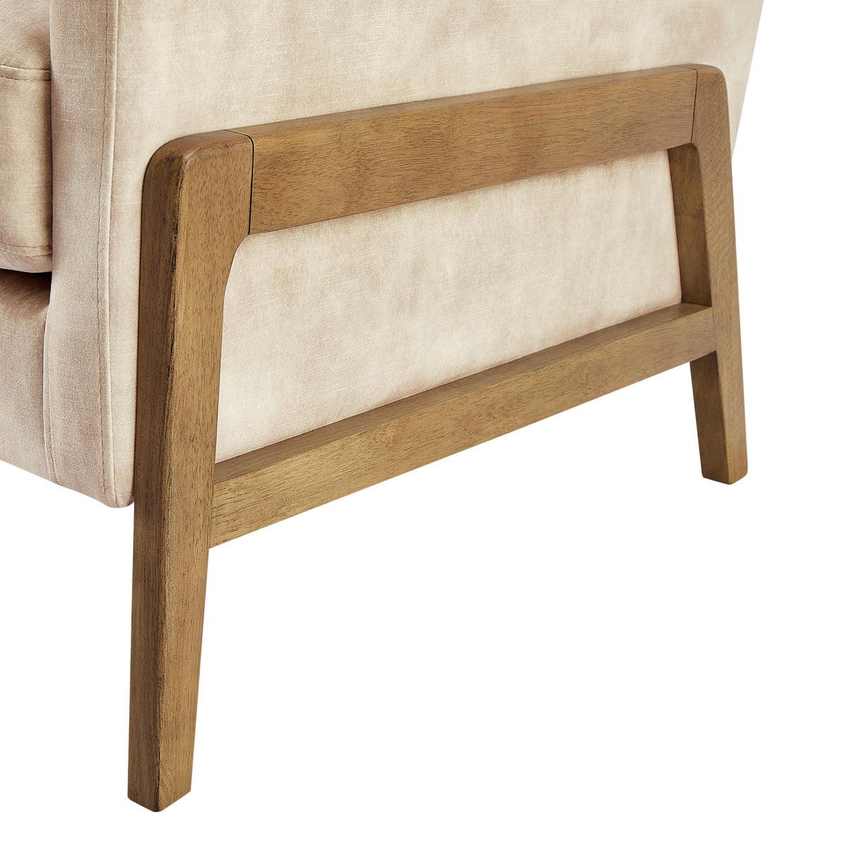 Tufted back accent arm chair with light brown fabric upholstery and solid wood frame on Tampa Home & Garden Store