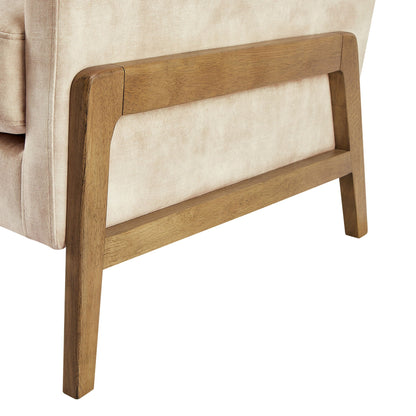 Tufted back accent arm chair with light brown fabric upholstery and solid wood frame on Tampa Home & Garden Store