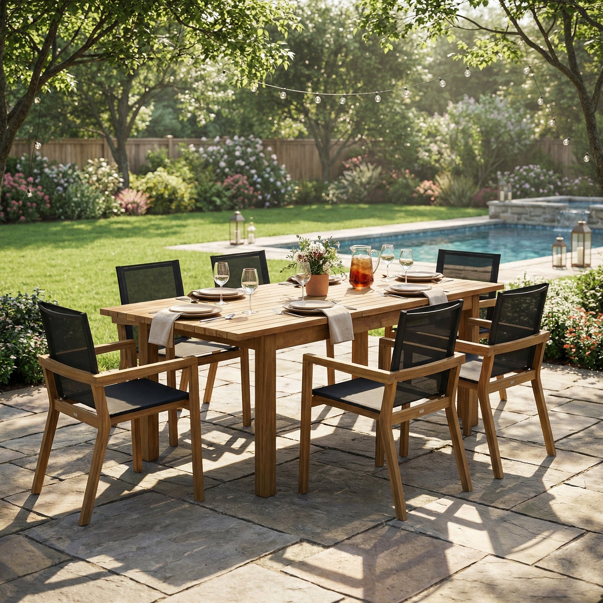 7-Piece Acacia Wood Outdoor Dining Set with natural finish table and 6 black-mesh chairs on Tampa Home & Garden Store