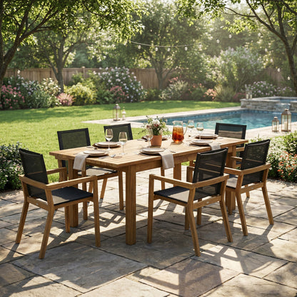7-Piece Acacia Wood Outdoor Dining Set with natural finish table and 6 black-mesh chairs on Tampa Home & Garden Store