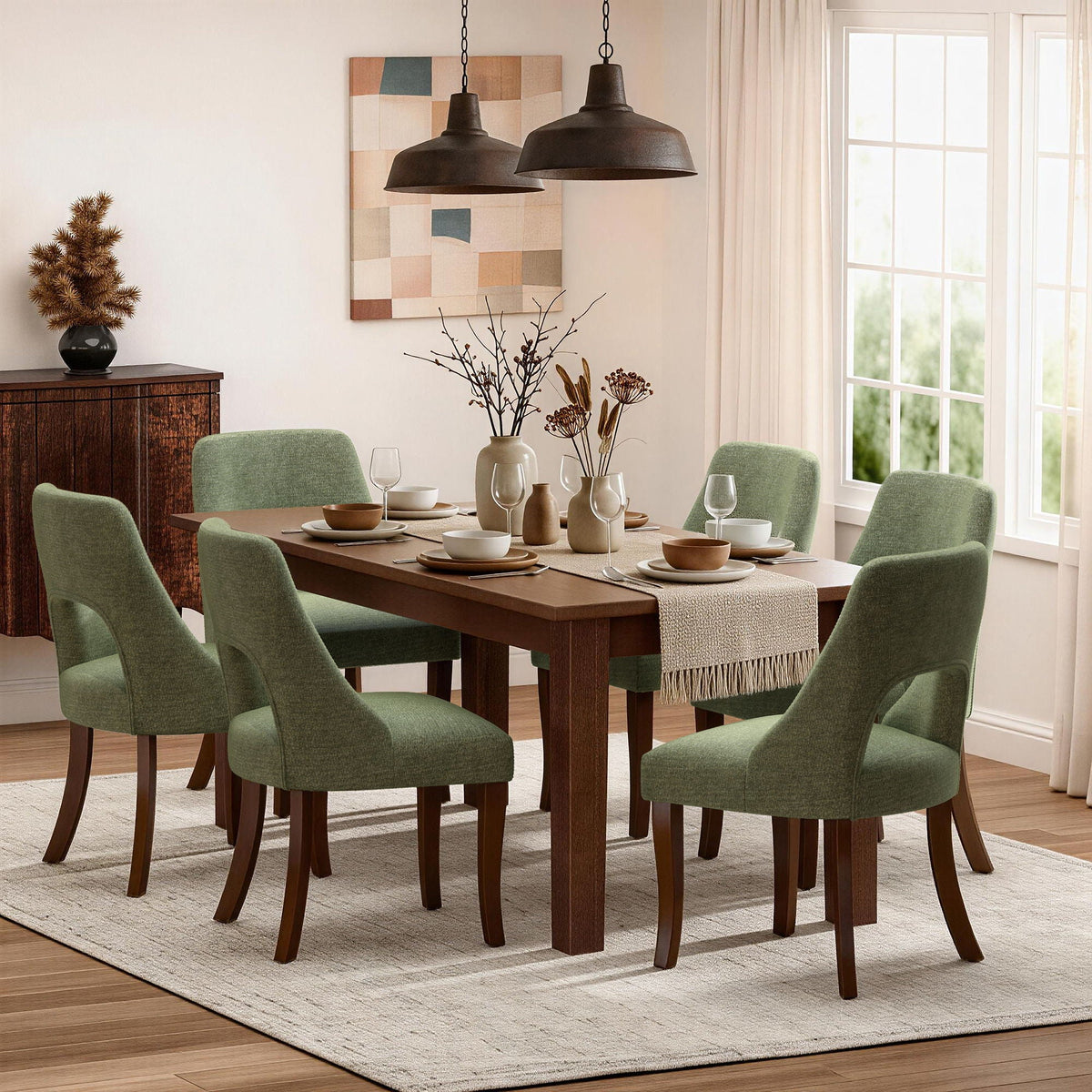 Six green tufted chenille dining chair set with curved legs around a wooden dining table on Tampa Home & Garden Store