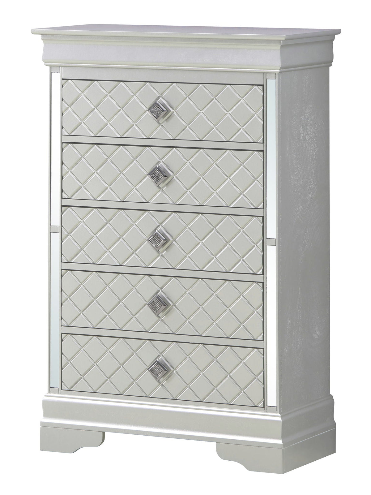 Embossed X Design Accent Chest with crystal pulls in mirrored silver finish HouseOfZazla on Tampa Home & Garden Store