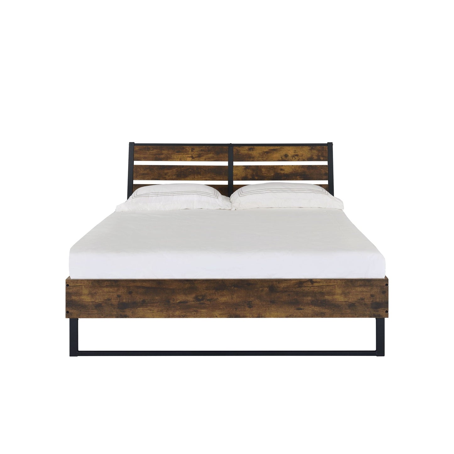 Juvanth Rustic Panel Bed with dark metal frame and warm wood headboard, white bedding on Tampa Home & Garden Store