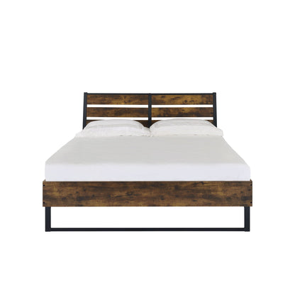 Juvanth Rustic Panel Bed with dark metal frame and warm wood headboard, white bedding on Tampa Home & Garden Store