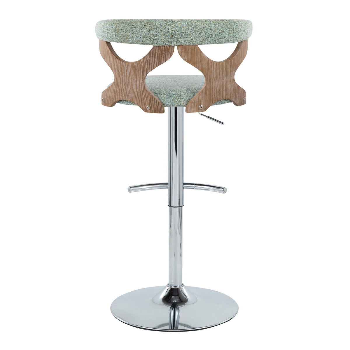 Contemporary adjustable barstool with swivel, teal upholstered seat and curved wood base on Tampa Home & Garden Store