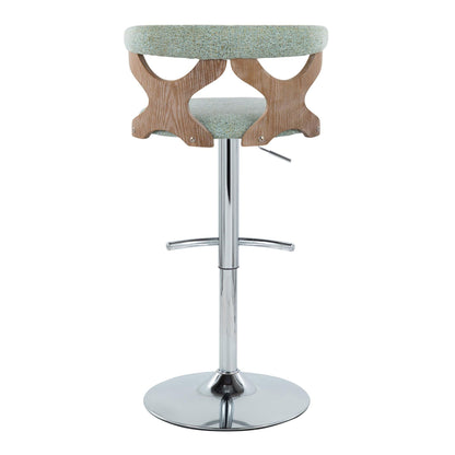 Contemporary adjustable barstool with swivel, teal upholstered seat and curved wood base on Tampa Home & Garden Store