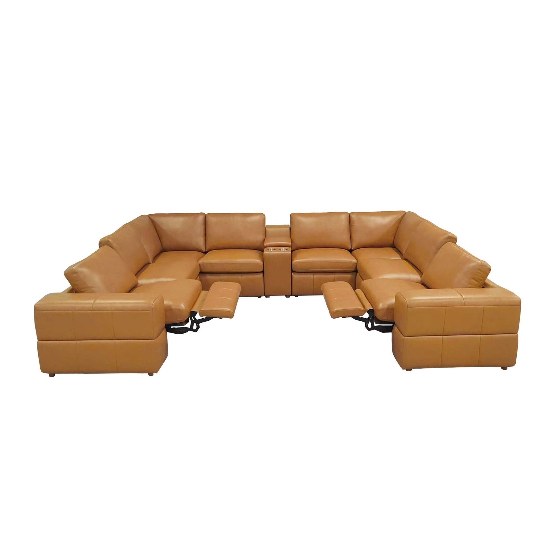 Upholstered sectional with recliners in tan leather by Unique Piece Furniture on Tampa Home & Garden Store