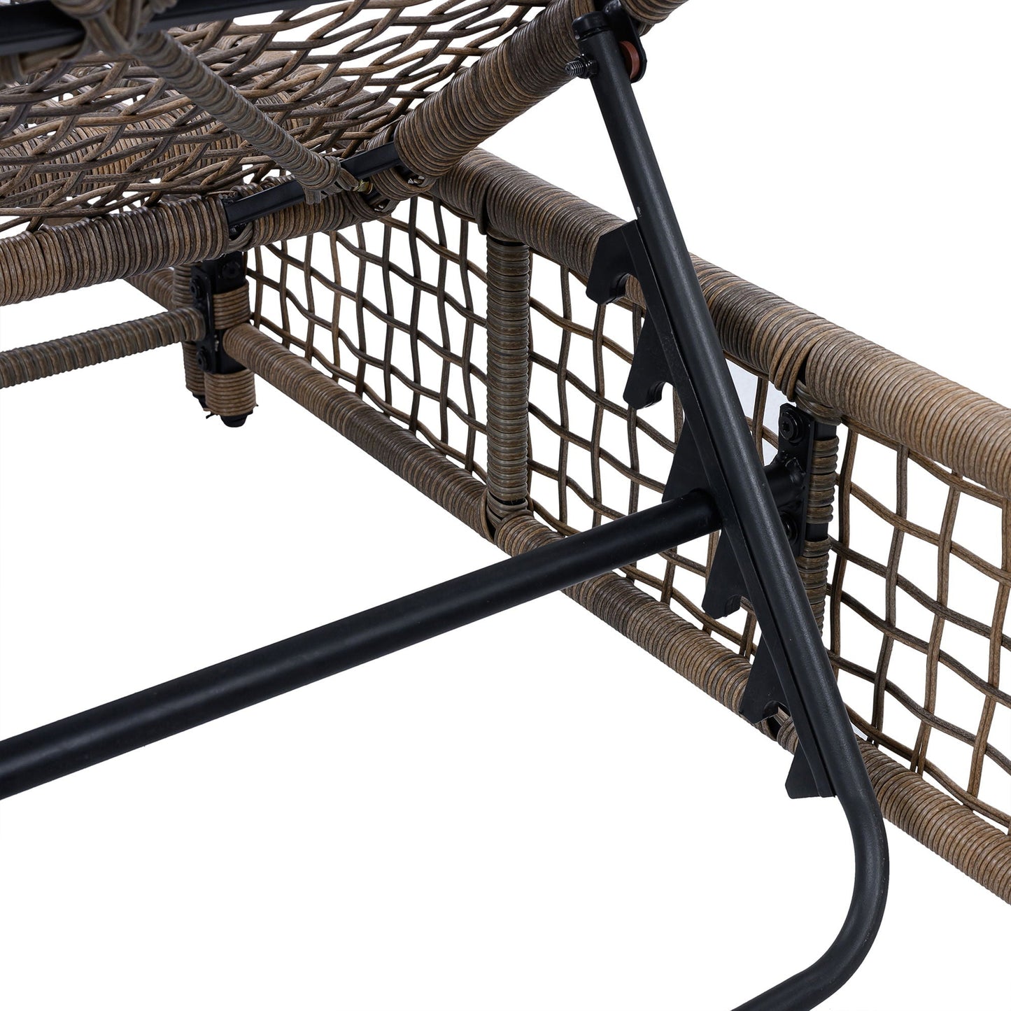 Outdoor lounge chair woven brown rattan with black metal frame and wheels on Tampa Home & Garden Store