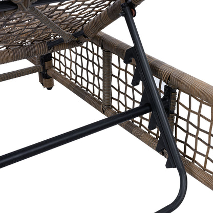 Outdoor lounge chair woven brown rattan with black metal frame and wheels on Tampa Home & Garden Store