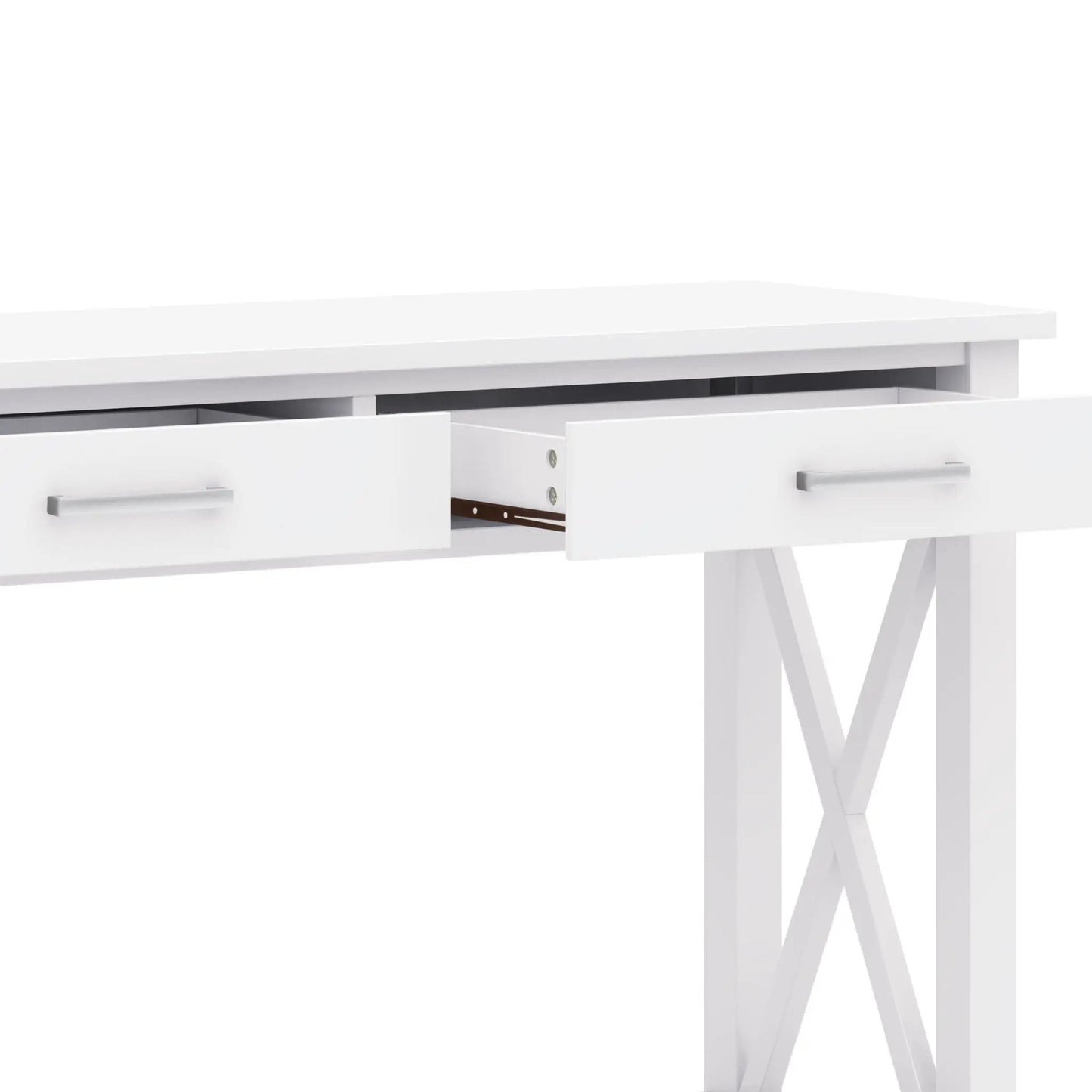 Kitchener Handcrafted Console Table, white wood with two drawers and silver handles on Tampa Home & Garden Store