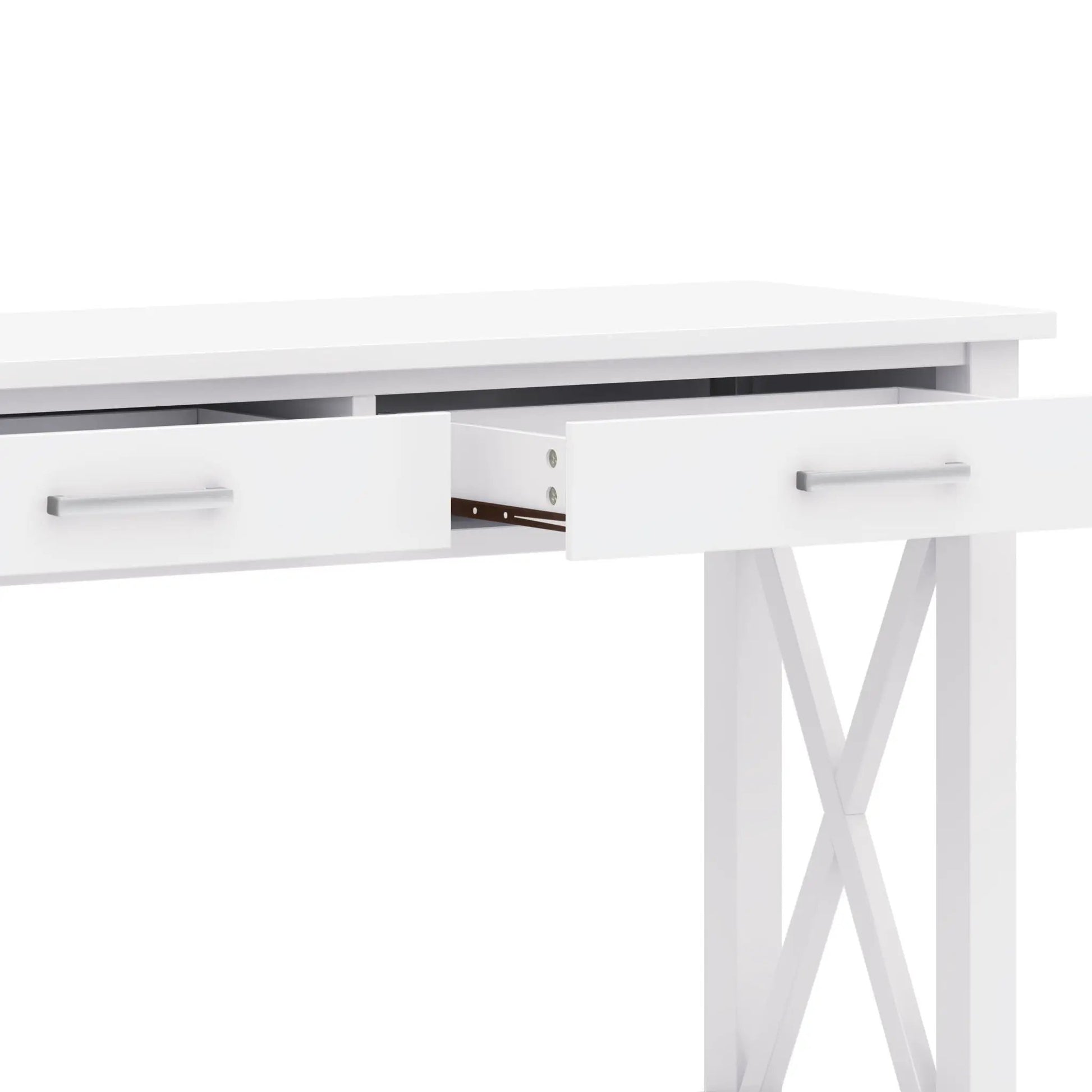 Kitchener Handcrafted Console Table, white wood with two drawers and silver handles on Tampa Home & Garden Store