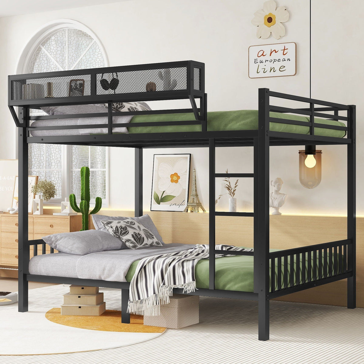 Queen over Queen bunk bed in black with ladder and storage shelf by HouseOfZazla on Tampa Home & Garden Store