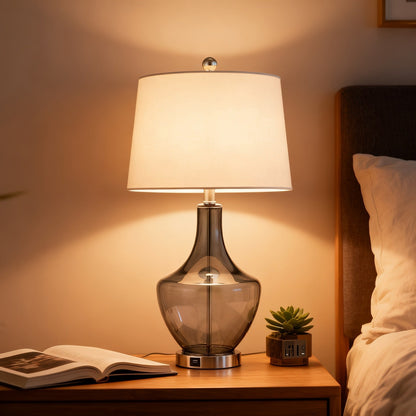 26-Inches Tall Single Glass Table Lamp with USB Port, smoky glass base, white fabric shade on bedside table on Tampa Home & Garden Store