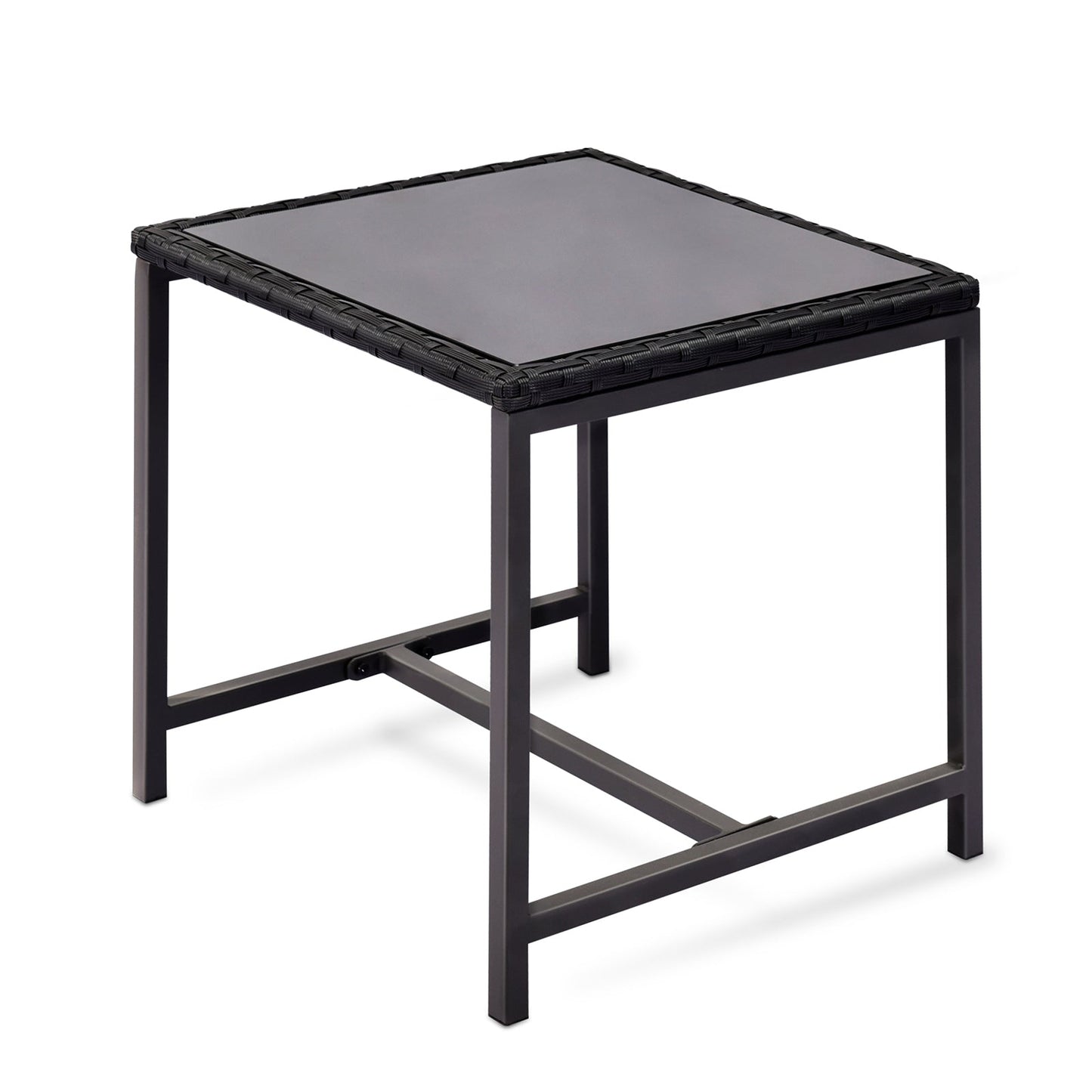 Outdoor patio bistro table with glass top and dark wicker edging on a metal frame on Tampa Home & Garden Store