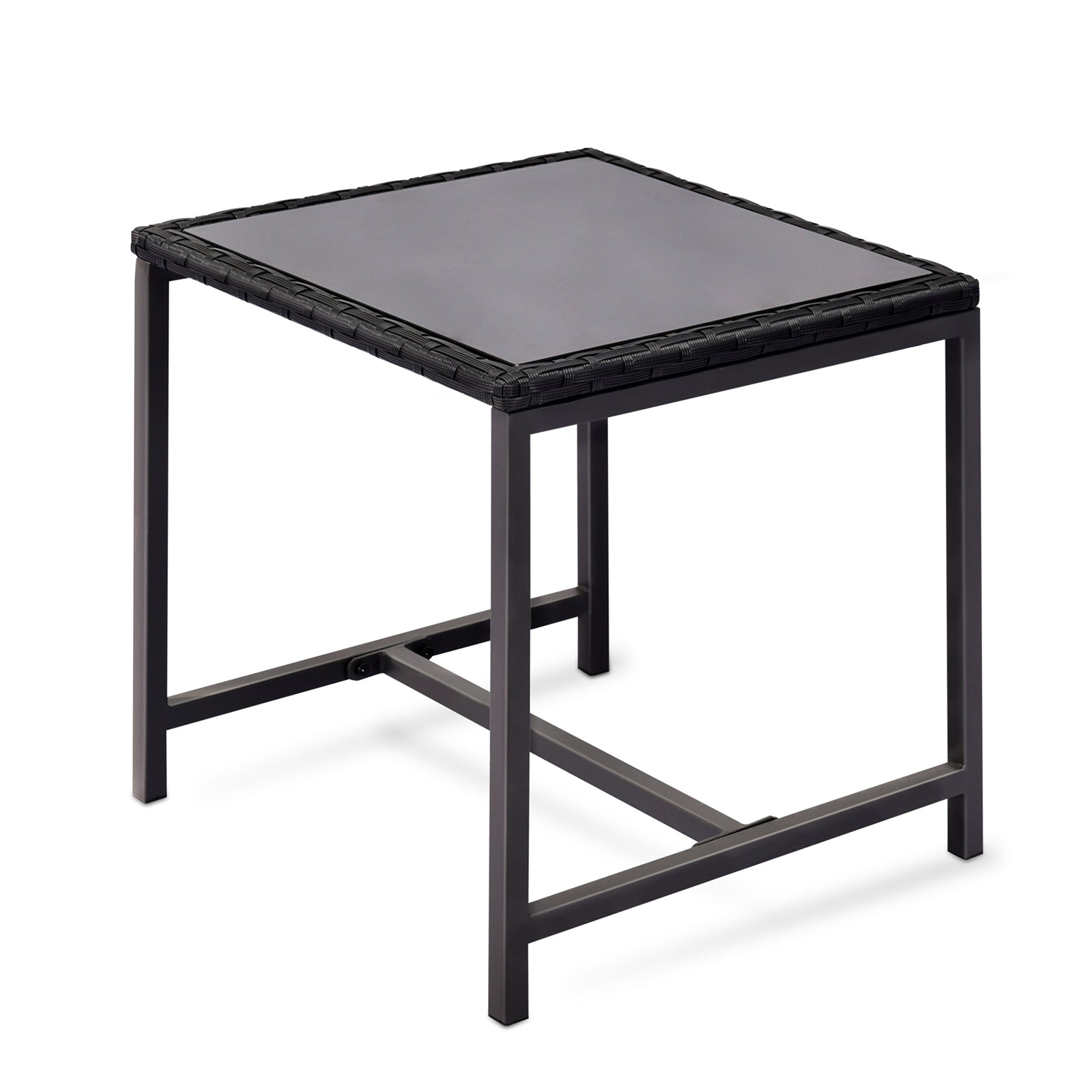 Outdoor patio bistro table with glass top and dark wicker edging on a metal frame on Tampa Home & Garden Store
