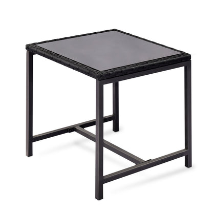 Outdoor patio bistro table with glass top and dark wicker edging on a metal frame on Tampa Home & Garden Store