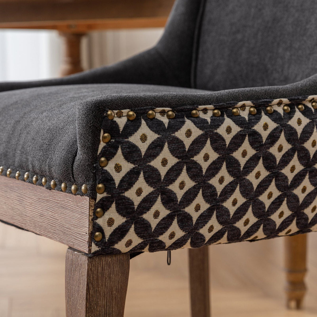 Ultra Side Dining Chair Set with solid wood legs in dark gray velvet and brass nailhead trim on Tampa Home & Garden Store