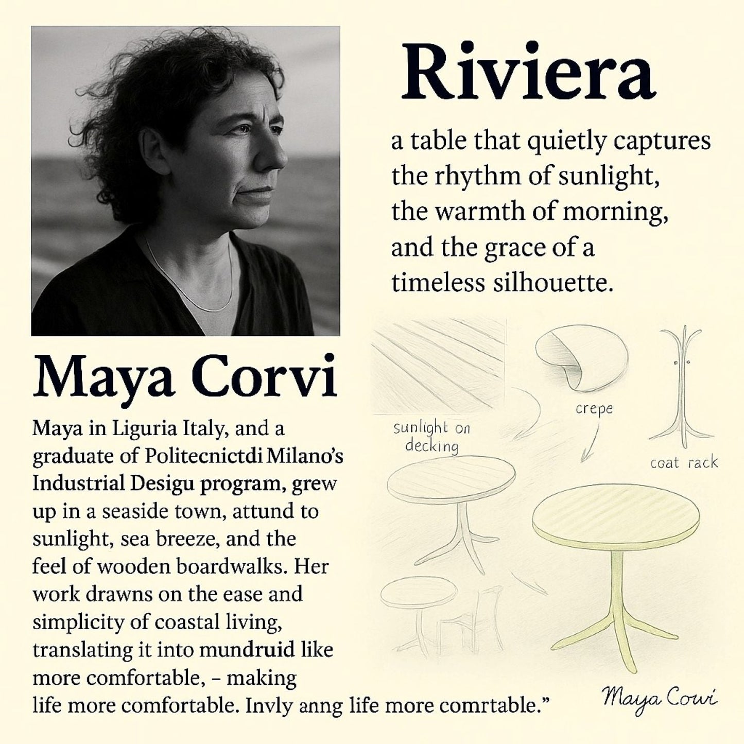 Modern Round Table white outdoor furniture page with Maya Corvi portrait and Riviera sketches on Tampa Home & Garden Store
