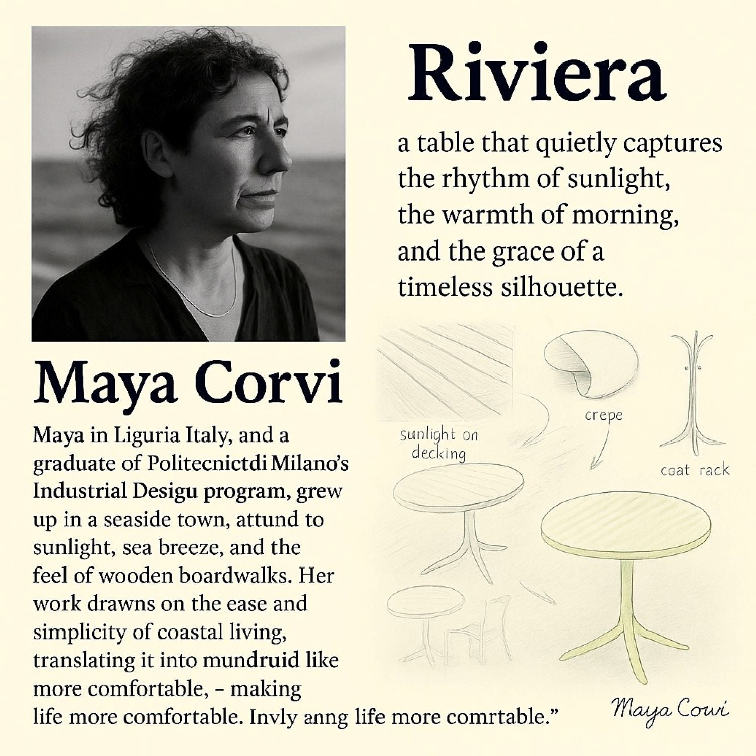 Modern Round Table white outdoor furniture page with Maya Corvi portrait and Riviera sketches on Tampa Home & Garden Store