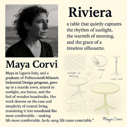 Modern Round Table white outdoor furniture page with Maya Corvi portrait and Riviera sketches on Tampa Home & Garden Store