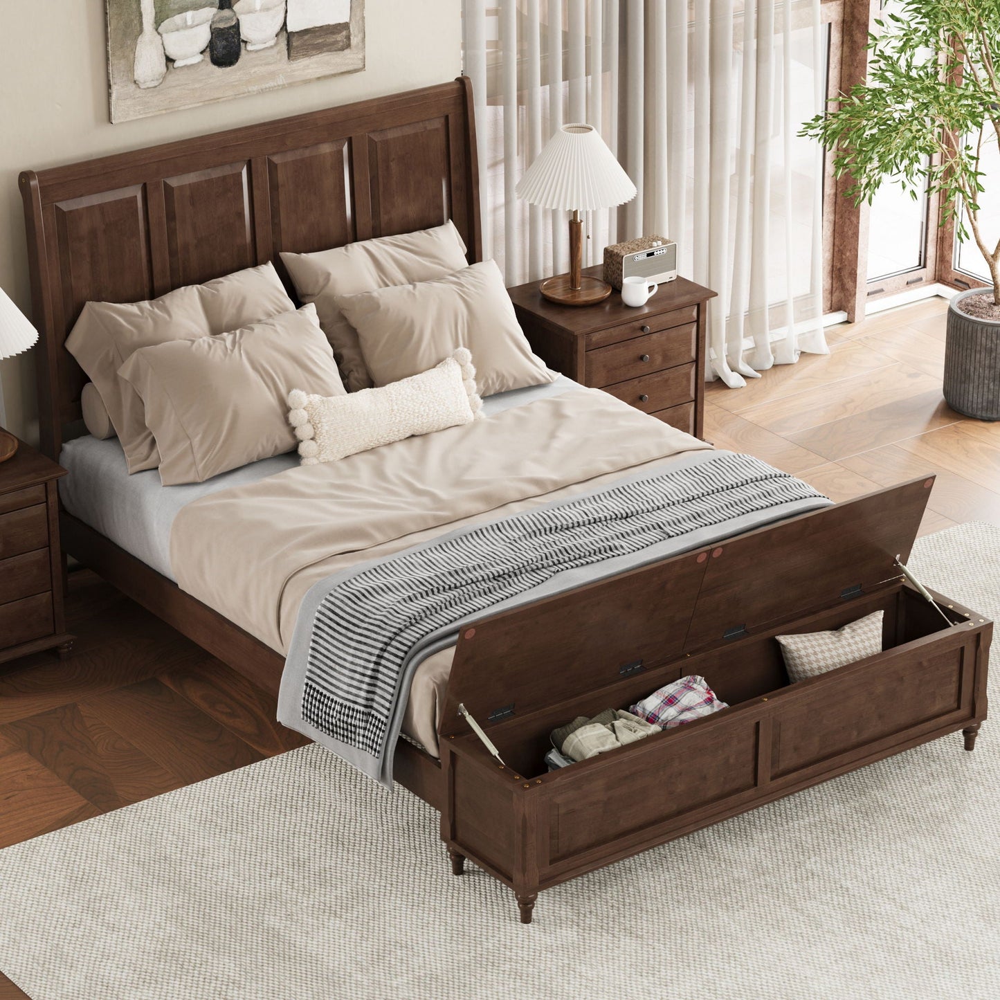Modern Sleigh Bed with Tall Headboard and Bench