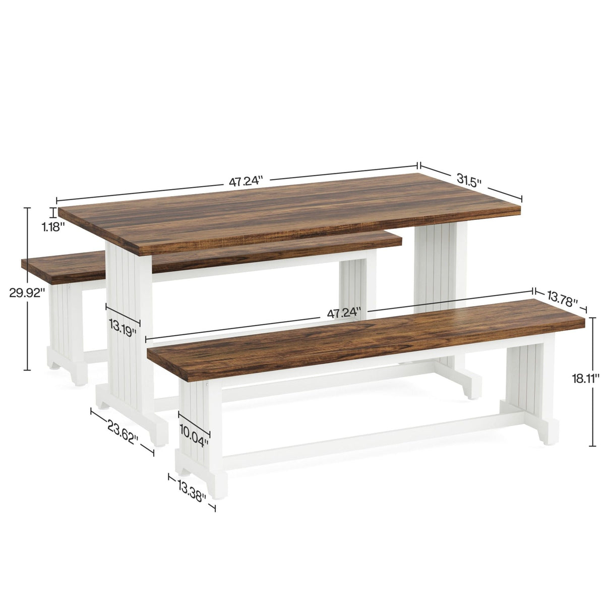 3 Piece Dining Table Set with Space Saving Benches brown wood top white legs HouseOfZazla on Tampa Home & Garden Store