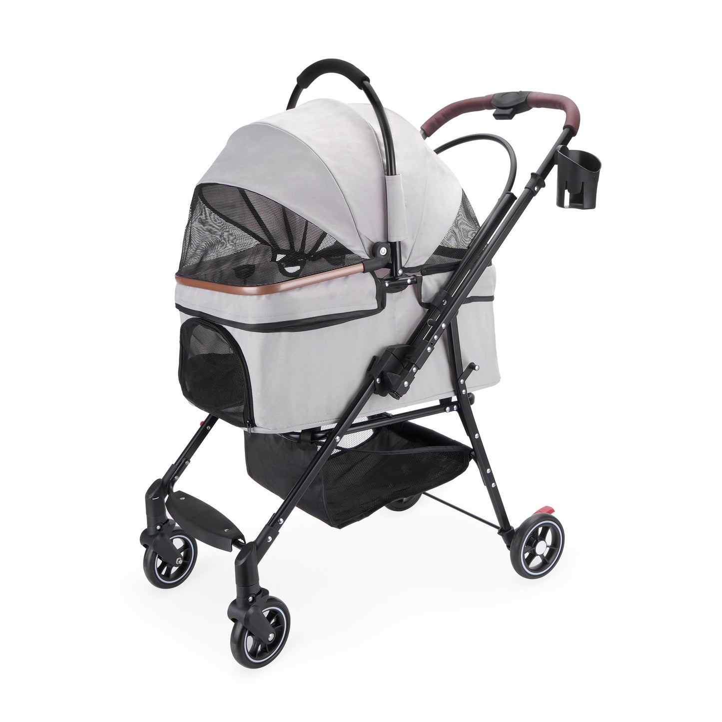 4-Wheel Foldable Pet Stroller by HouseOfZazla in light grey with black frame and mesh basket on Tampa Home & Garden Store