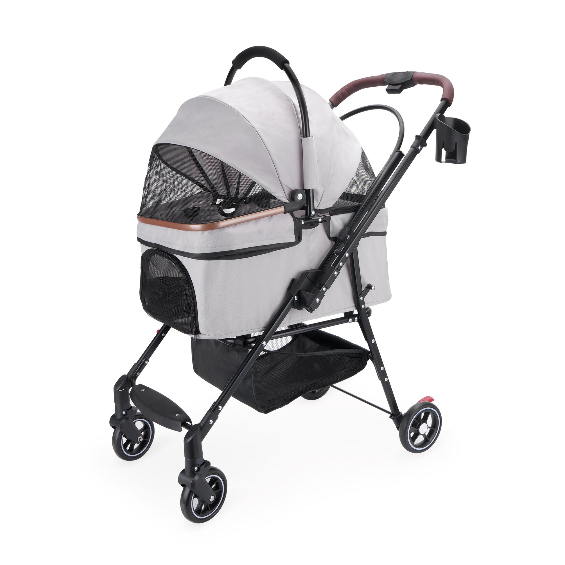4-Wheel Foldable Pet Stroller by HouseOfZazla in light grey with black frame and mesh basket on Tampa Home & Garden Store