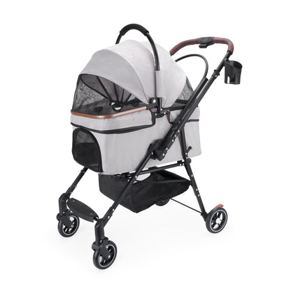 4-Wheel Foldable Pet Stroller by HouseOfZazla in light grey with black frame and mesh basket on Tampa Home & Garden Store