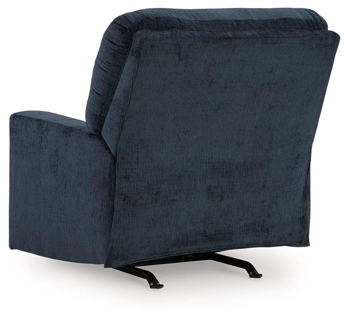 Aviemore Rocker Recliner in dark blue corduroy upholstery with back and metal rocker rails on Tampa Home & Garden Store
