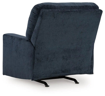 Aviemore Rocker Recliner in dark blue corduroy upholstery with back and metal rocker rails on Tampa Home & Garden Store